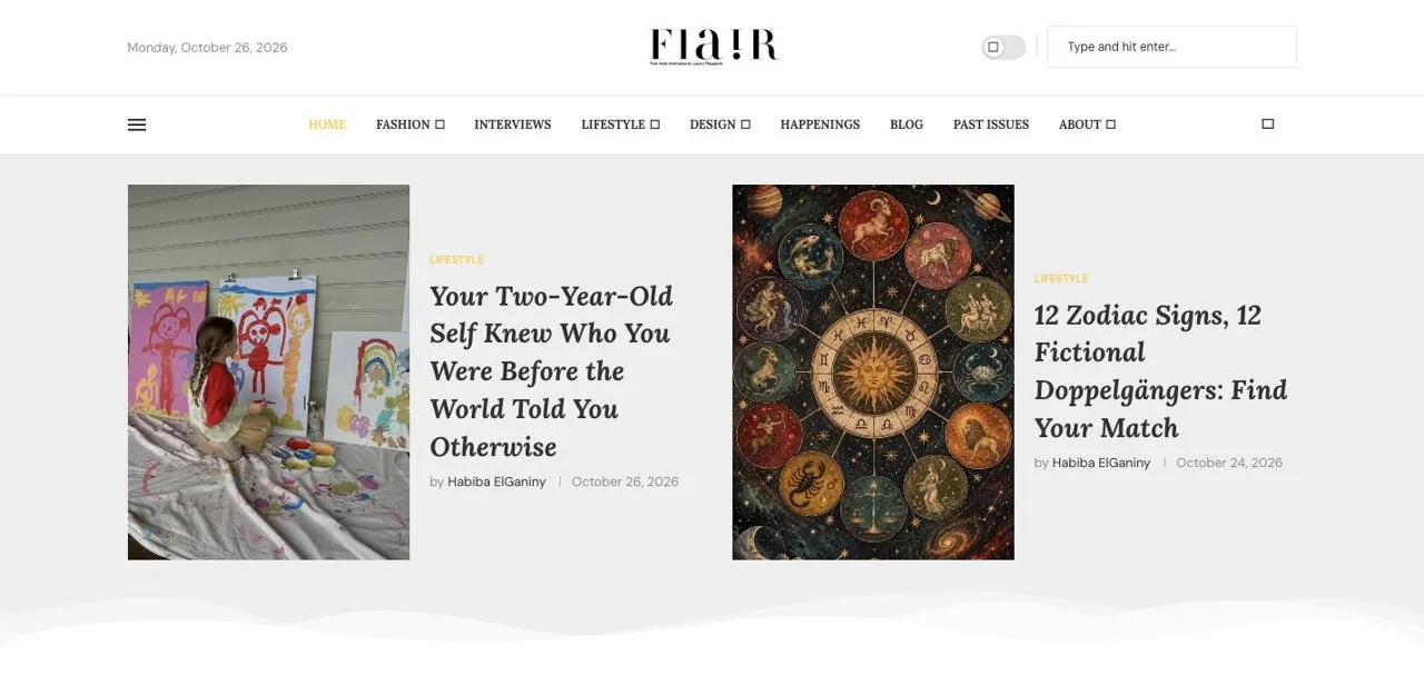 Flair Magazine home page on a desktop screen